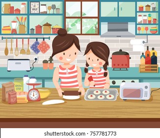 Mom and her daughter making bakery together in the kitchen, all in flat style , illustration, vector