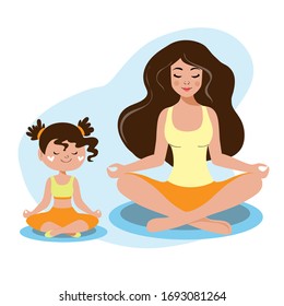Mom with her daughter practices yoga on a white background. Mother's day concept. A family. Quarantine Concept