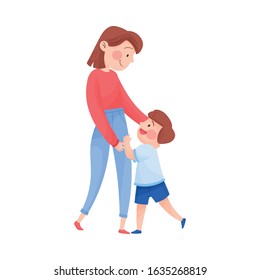 Mom and Her Kid Spending Time Together Vector Illustration. Young Mother and Her Son Having a Walk