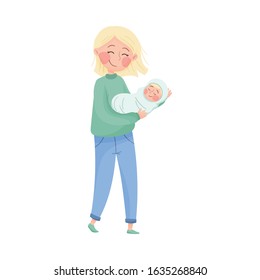 Mom and Her Kid Vector Illustration. Young Mother Holding Her Baby in Arms and Embracing