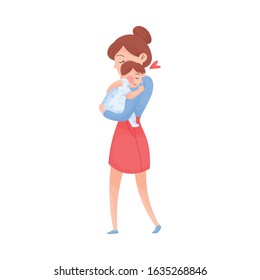 Mom and Her Kid Vector Illustration. Young Mother Holding Her Baby in Arms and Embracing