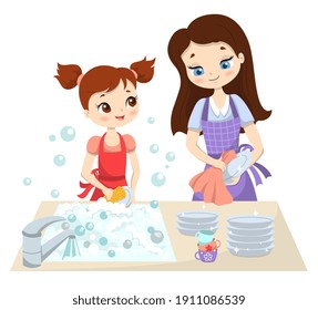 Mom and her little daughter wash the dishes together. The concept of helping children to parents. Kids doing housework chores at home. Flat cartoon vector illustration