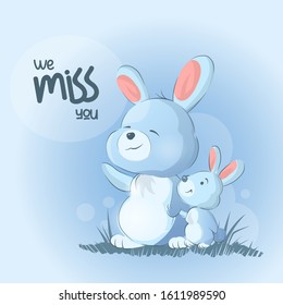 Mom And Her Little Rabbit Stand And Wave Their Paws. Cute Bunnies. We Miss You Text. Can Be Used For Print Design, Baby Shower Celebration Greeting And Invitation Card