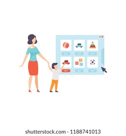 Mom and her son choosing and bying toys from an online store, internet shopping and delivery concept vector Illustration on a white background