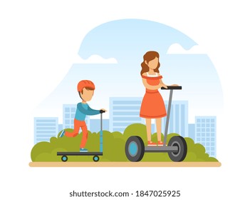 Mom and Her Son Riding Hoverboards in Summer Park, Eco Electric Transport Concept Cartoon Vector Illustration