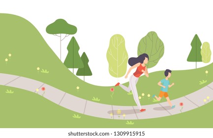 Mom and Her Son Running in Park, Family Doing Physical Activities Outdoors, Healthy Lifestyle and Fitness Vector Illustration