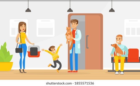 Mom and her Son Taking their Cat to Veterinarian for Check Up, Vet Clinic Interior, Pets Healthcare, Medical Treatment, Prevention and Immunization Vector Illustration