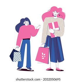 mom with her teenage daughter is shopping. Vector illustration in cartoon style isolated on white background. Pink and blue colors