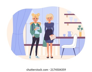 Mom and her teenage daughter standing at home. Beautiful woman in blue casual dress holding paper document. Teen girl in school uniform standing with backpack and books in her hand flat vector