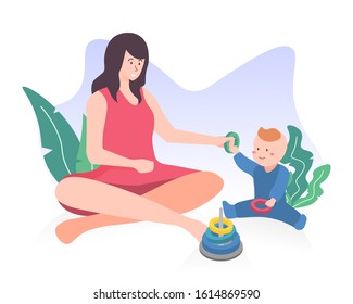 Mom and her toddler son playing with toys. Motherhood and maternity concept