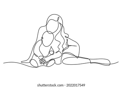 Mom and her young kid in continuous line art drawing style  Mother playing   teaching her toddler child  Minimalist black linear sketch isolated white background  Vector illustration