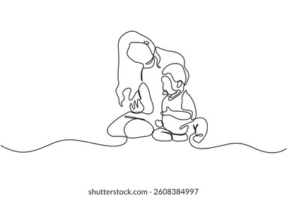 Mom with her young kid in continuous line art drawing style, Single continuous line drawing of young female pediatric doctor invited cute baby toddler patient to play and follow her instruction.
