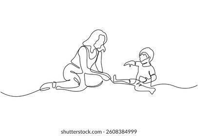 Mom with her young kid in continuous line art drawing style, Single continuous line drawing of young female pediatric doctor invited cute baby toddler patient to play and follow her instruction.