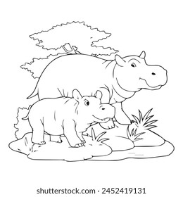 Mom hippopotamus and hippo baby walking in the forest. Coloring book for children. Cartoon vector illustration.