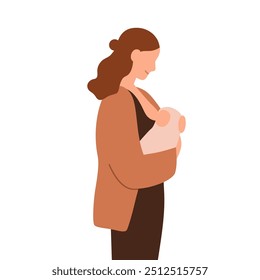 Mom holding baby in arms. Mother with newborn kid in hands. Woman carrying infant. Happy mum with child, profile. Motherhood, maternity concept. Flat vector illustration isolated on white background