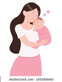 mom holding baby flat cartoon character design