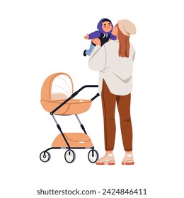 Mom holding baby. Happy mother with cute boy kid in arms, walking with pram, stroller. Excited woman parent with child, infant son in hands. Flat vector illustration isolated on white background