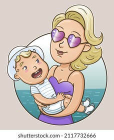 Mom holding a baby in her arms on the beach in summer
