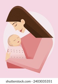 Mom Holding Baby in Pink Color, Mother's day Flat Vector Illustration Design