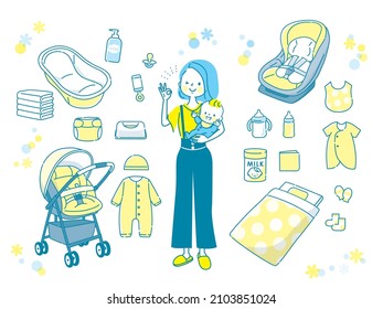 Mom holding baby products and baby