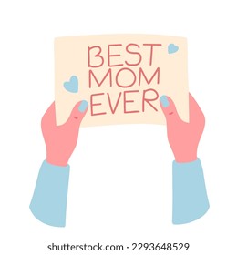 Mom holding a card from a kid in her hands. Present from a child on mothers day vector illustration. 
