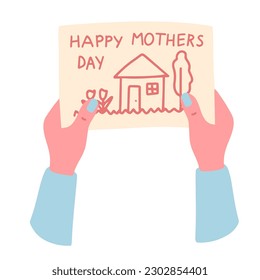 Mom holding a card from a kid in her hands. Present from a child on mothers day vector illustration. 