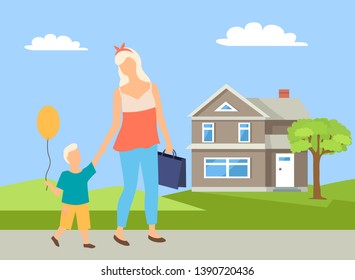 Mom holding hand of son going on road near tree and building, parent and kid with balloon, portrait view of family characters in casual clothes vector