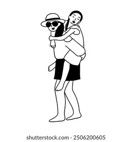 Mom holding her daughter, holiday in the beach handdrawn illustration