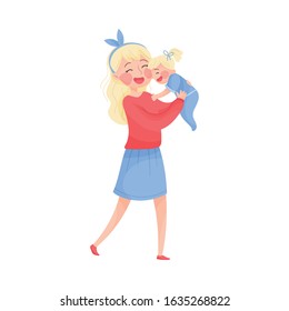 Mom Holding Her Little Daughter and Playing with Her Vector Illustration