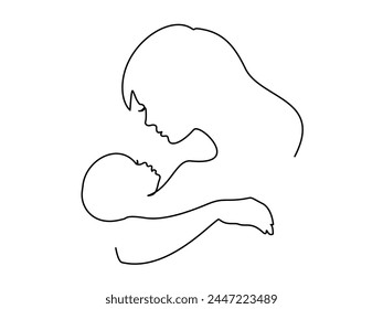 Mom holding a new born baby. Line art family portrait. Continuous one line drawing. Vector illustration