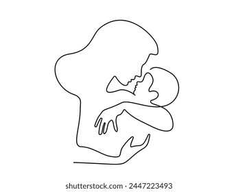 Mom holding a new born baby. Line art family portrait. Continuous one line drawing. Vector illustration