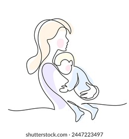 Mom holding a new born baby. Line art family portrait. Continuous one line drawing. Vector illustration