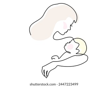 Mom holding a new born baby. Line art family portrait. Continuous one line drawing. Vector illustration