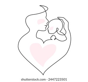 Mom holding a new born baby. Line art family portrait. Continuous one line drawing. Vector illustration