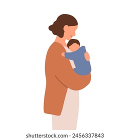 Mom holding newborn baby. Woman mother with infant kid in arms. Happy mum, mommy, female parent with child in hands, carrying, caring, hugging. Flat vector illustration isolated on white background