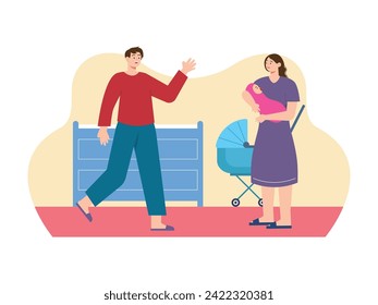Mom holding newborn in the nursery with dad coming in with a smile. Character design. Vector flat illustration