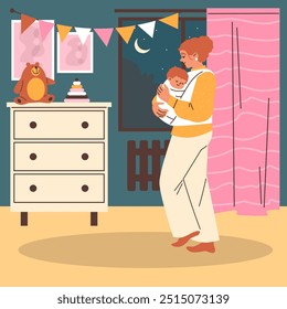 Mom is holding a sleeping baby in her arms. A woman carries her child to bed. Children's room. Evening. Mom calms the child before bed, sings a lullaby, rocks the son to sleep. Vector illustration.