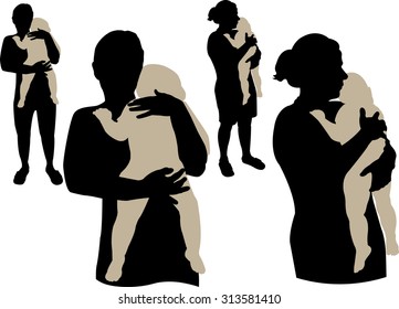 Mom Holding Sleepy Baby Vector Silhouette