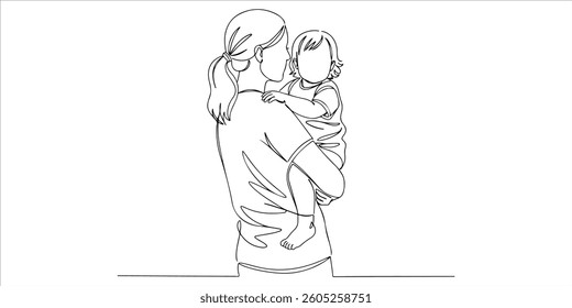 mom holding young child on her arm continuous single line art drawing sketch on white background