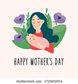 Mom holds a baby in her arms. Floral background. Greeting card for mother's day. Red, pink, green, purple, dark blue colors.