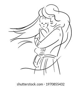 Mom holds baby in her arms  protecting him from problems  diseases  troubles  Concept  black line sketch white background  Vector illustration 