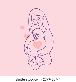 Mom holds the baby in her arms. Linear logo, emblem. Motherhood and childcare. Vector illustration