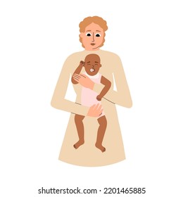 Mom holds the baby in her arms. Happy motherhood, parental love. Vector illustration in hand drawn style