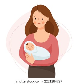 Mom holds a baby in her arms and smiles. Happy woman and a newborn. Motherhood. Vector flat illustration.