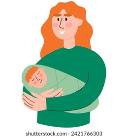 Mom holds the baby in her arms. Happy Mothers Day. Young woman with red hair shows care and love for the newborn baby.