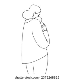 Mom holds a baby, line black and white minimalistic illustration. Vector illustration