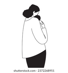 Mom holds a baby, line black and white minimalistic illustration. Vector illustration