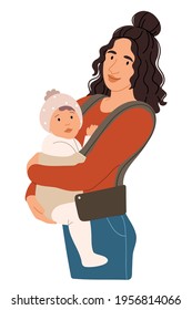 Mom holds the baby in a sling.Newborn Baby child in Sling feeling love and protection from his mother. Family, lifestyle concept. Happy Mother's Day. 