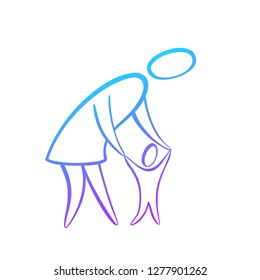 Mom holds the baby's hands icon. Mom teaches a child to walk a simple line drawing. Relationship of parents and children vector silhouette illustration. Human figures. The concept of care and support