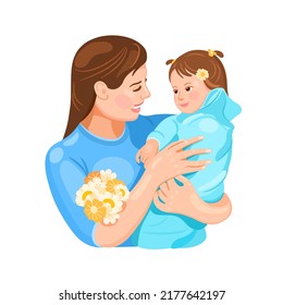 Mom holds the child in her arms. Motherhood and child care. Flat vector illustration isolated on white background